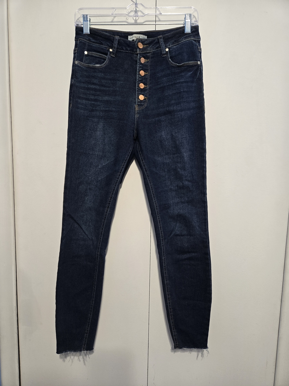 And Now This High Rise Button Fly Skinny Jeans Dark Wash Raw Hem Size 28